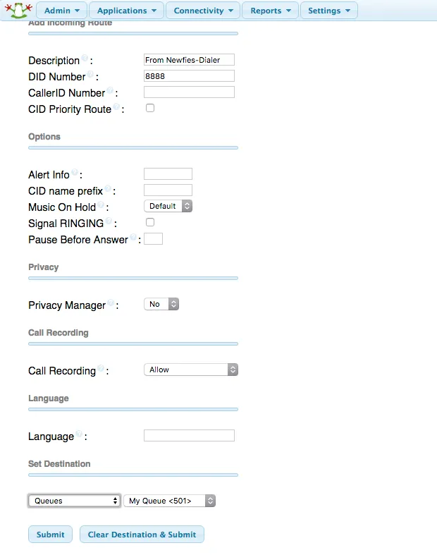 Configure Inbound route in FreePBX