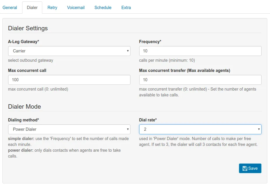 Power Dialer Settings