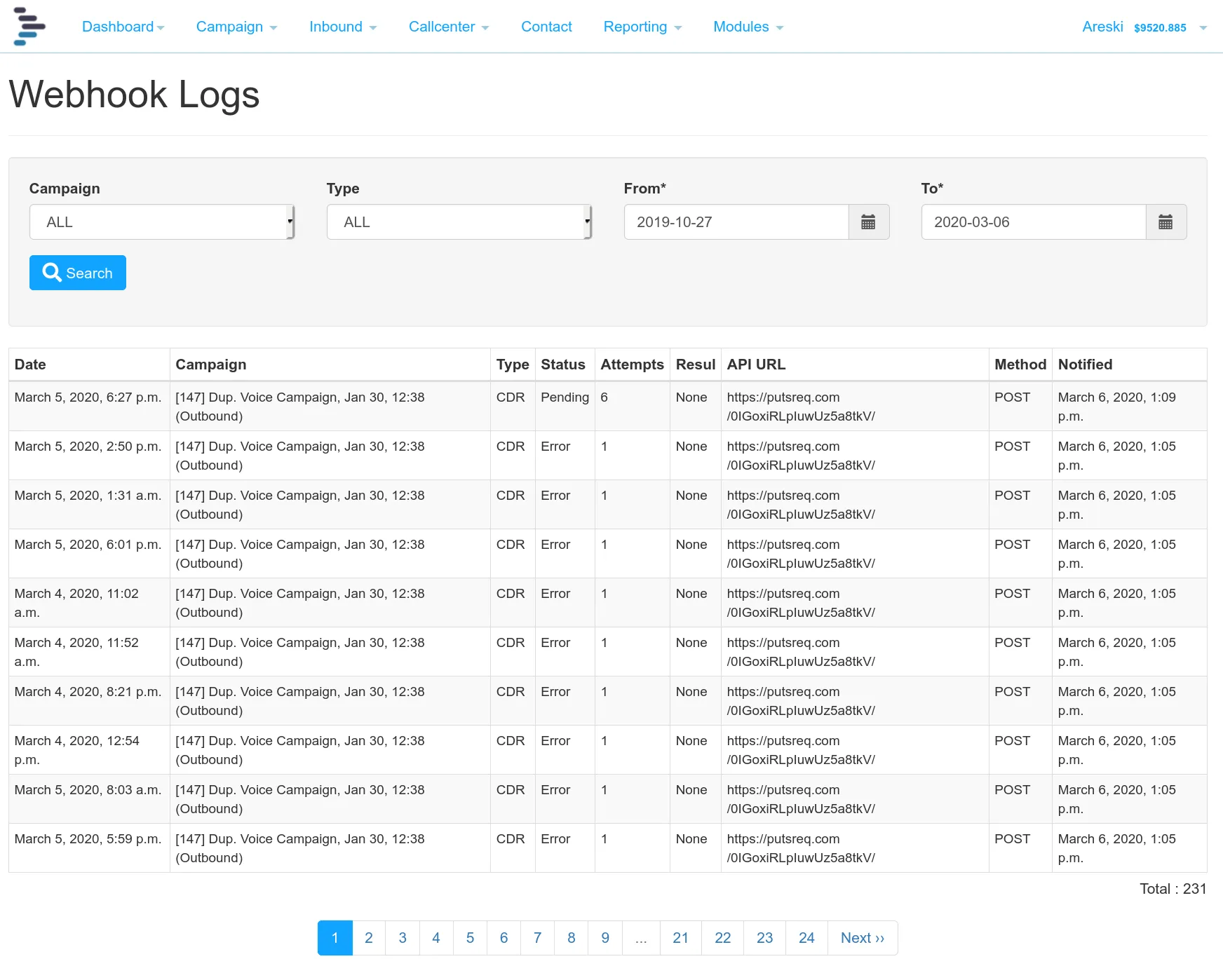 Webhook logs screen with filters