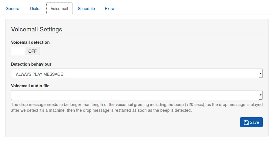 Voicemail detection settings on the Newfies-Dialer add campaign form
