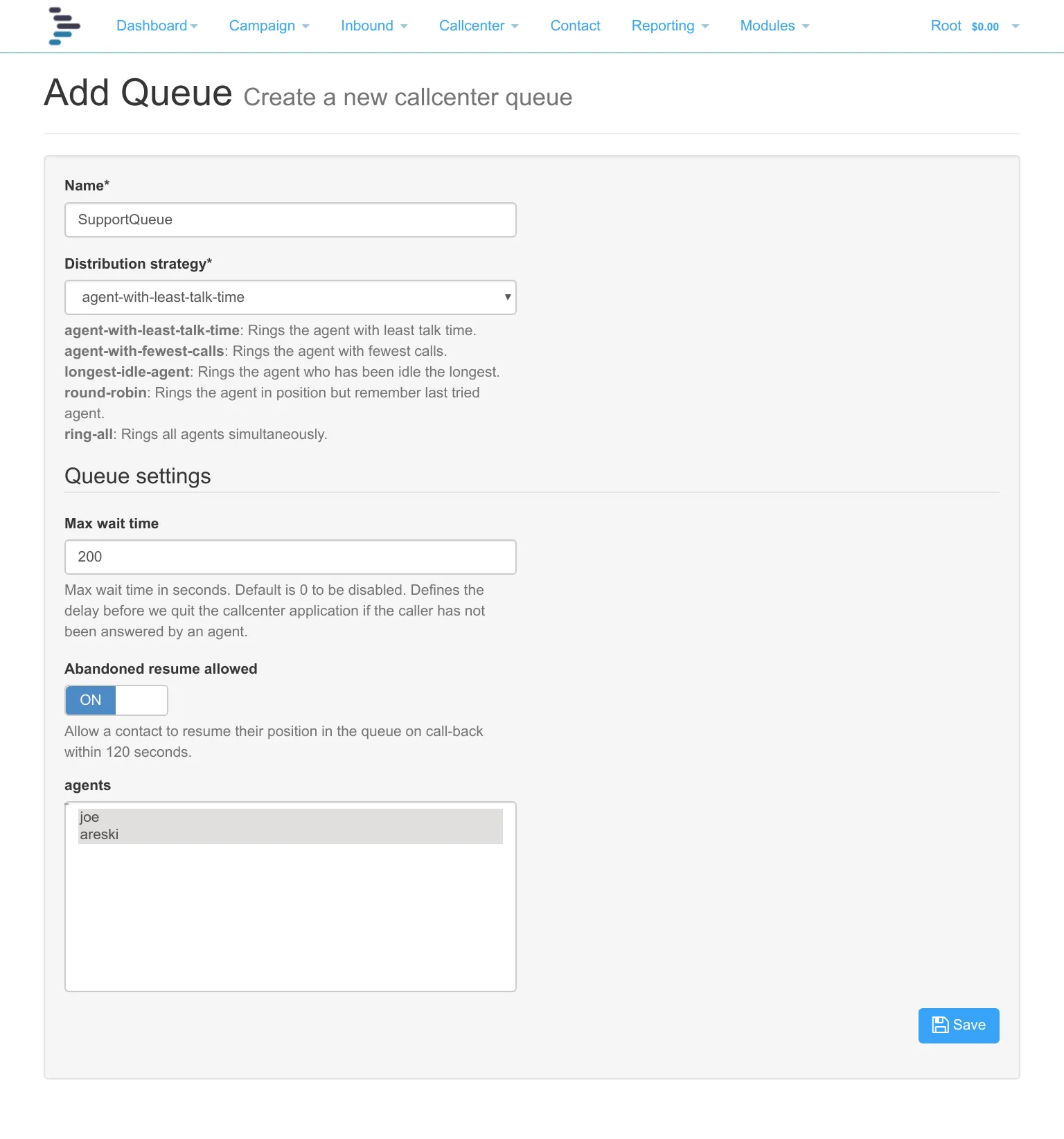 Callcenter dialerai queue configuration