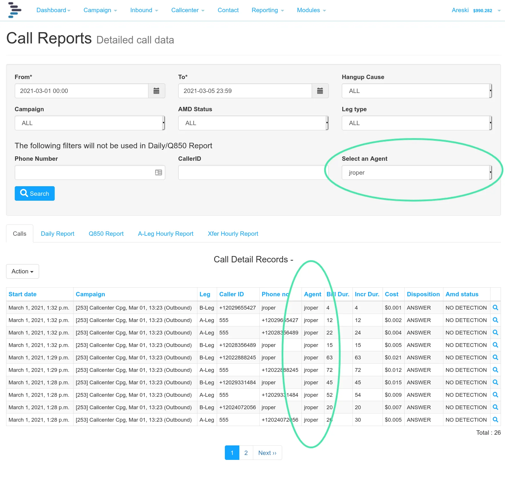 CDR Search agent filter