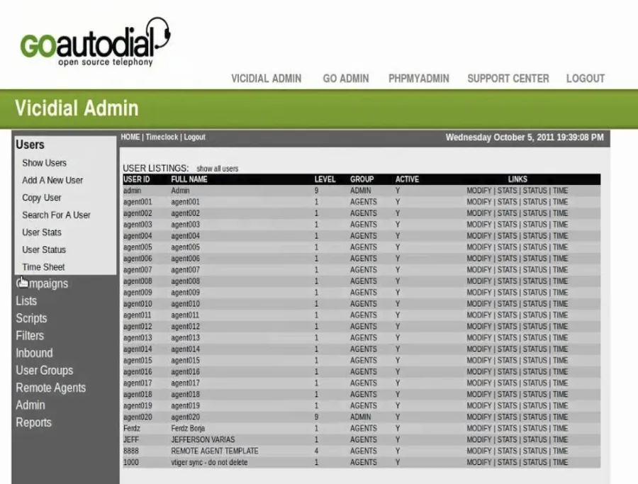 GoAutoDial admin screen showing the Vicidial user list
