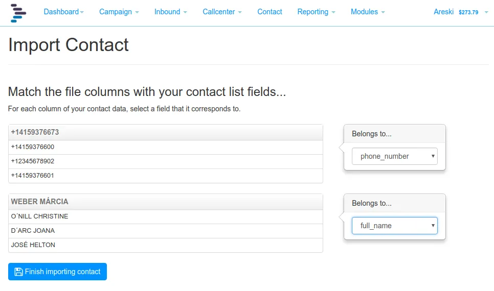 Contact import screen matching file columns to contact fields