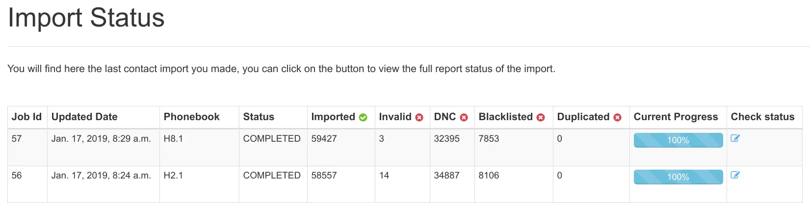 Contact import report with DNC, blacklisted, invalid and duplicate totals