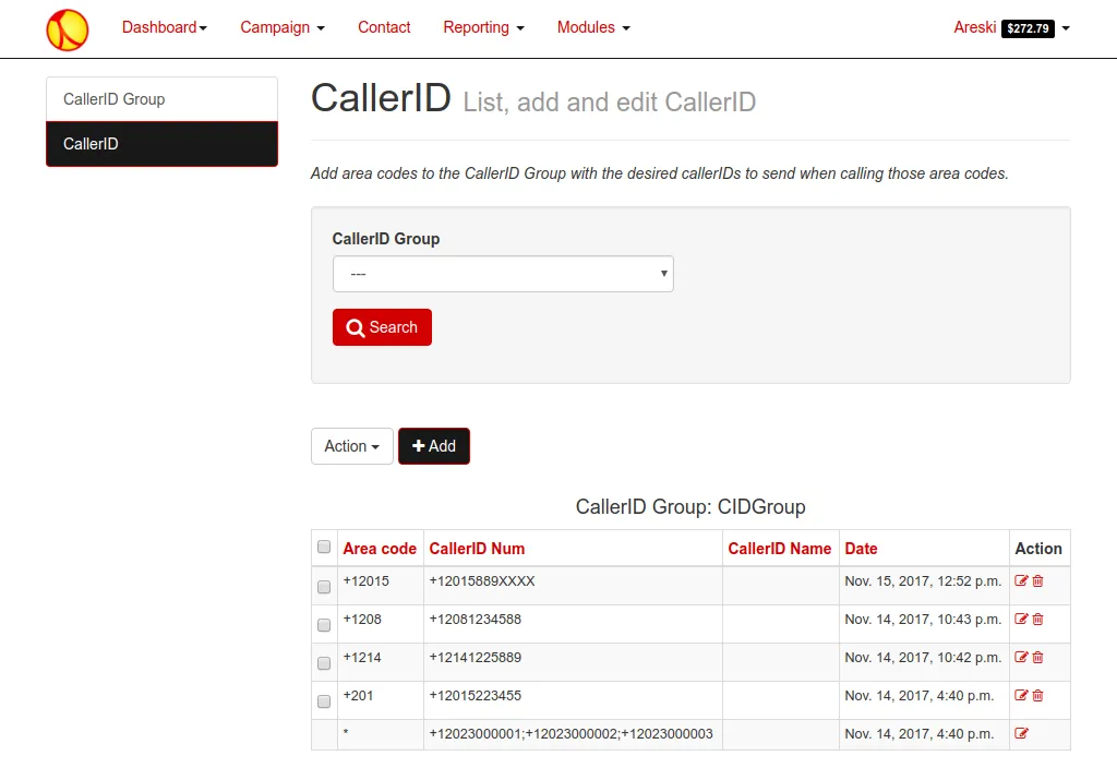 CallerID group settings per area code or state