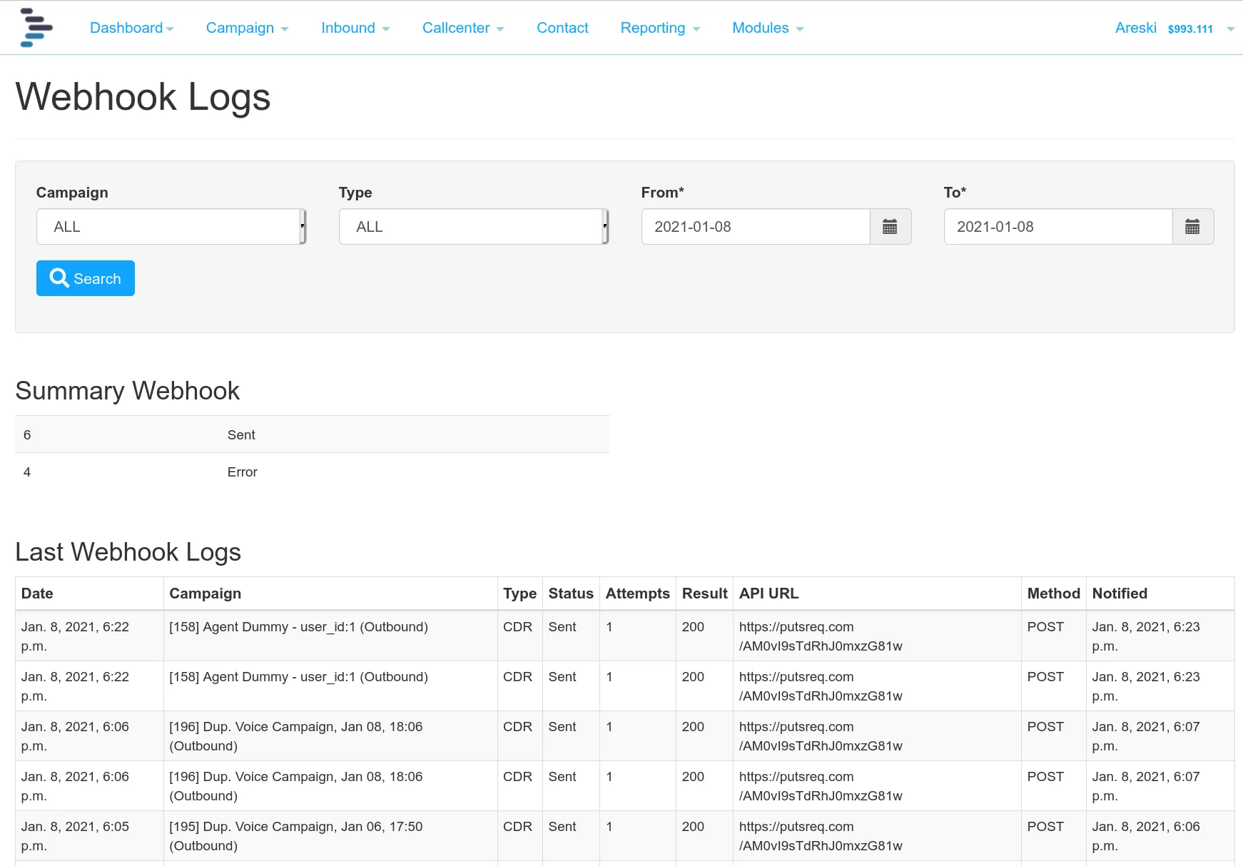 Webhook report summary