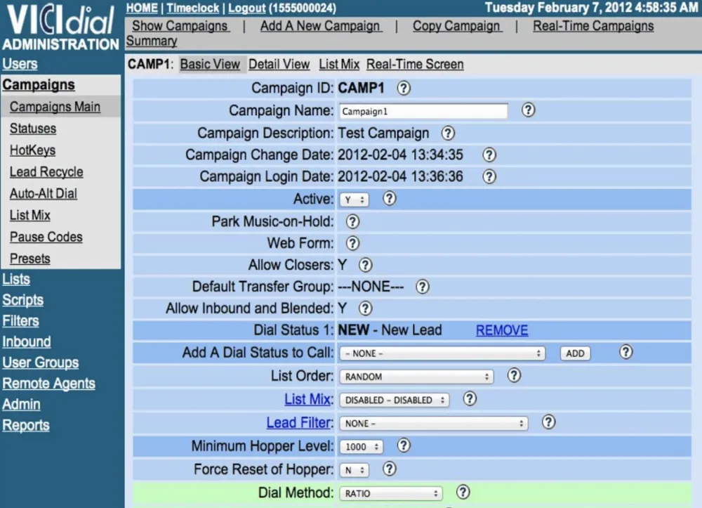 Vicidial administration screen for campaign settings